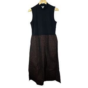 J Crew Printed Mockneck Knit Mixed Media Dress Large Midi Black Brown Cheetah